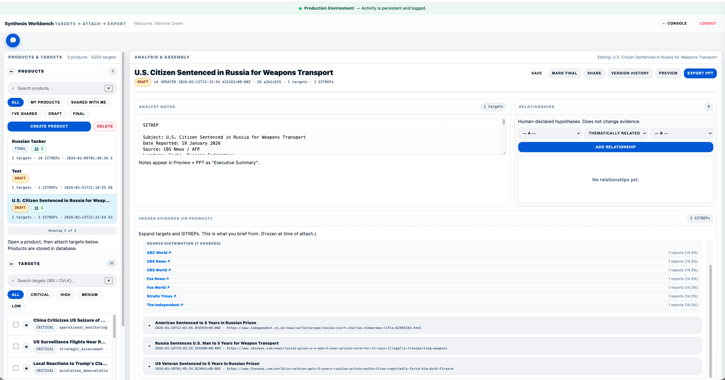 Synthesis Workbench — structured intelligence output